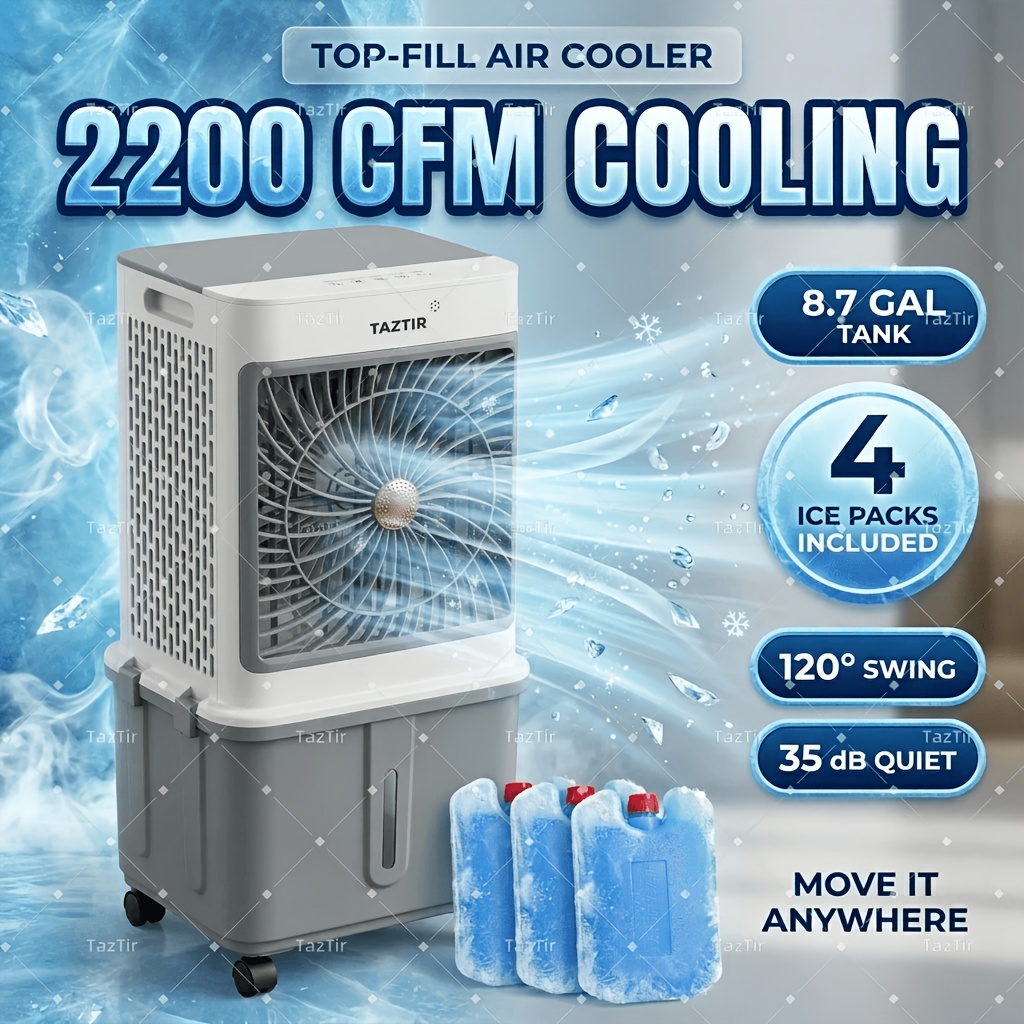 Taztir 2200 Cfm Evaporative Air Cooler, Portable Swamp Cooler & Humidifying Fan With 8.7 Gal Large Water Tank, 120&deg; Wide , 3 , Timer & Wheels For Garage, Workshop, Warehouse, Patio, Backyard & Home