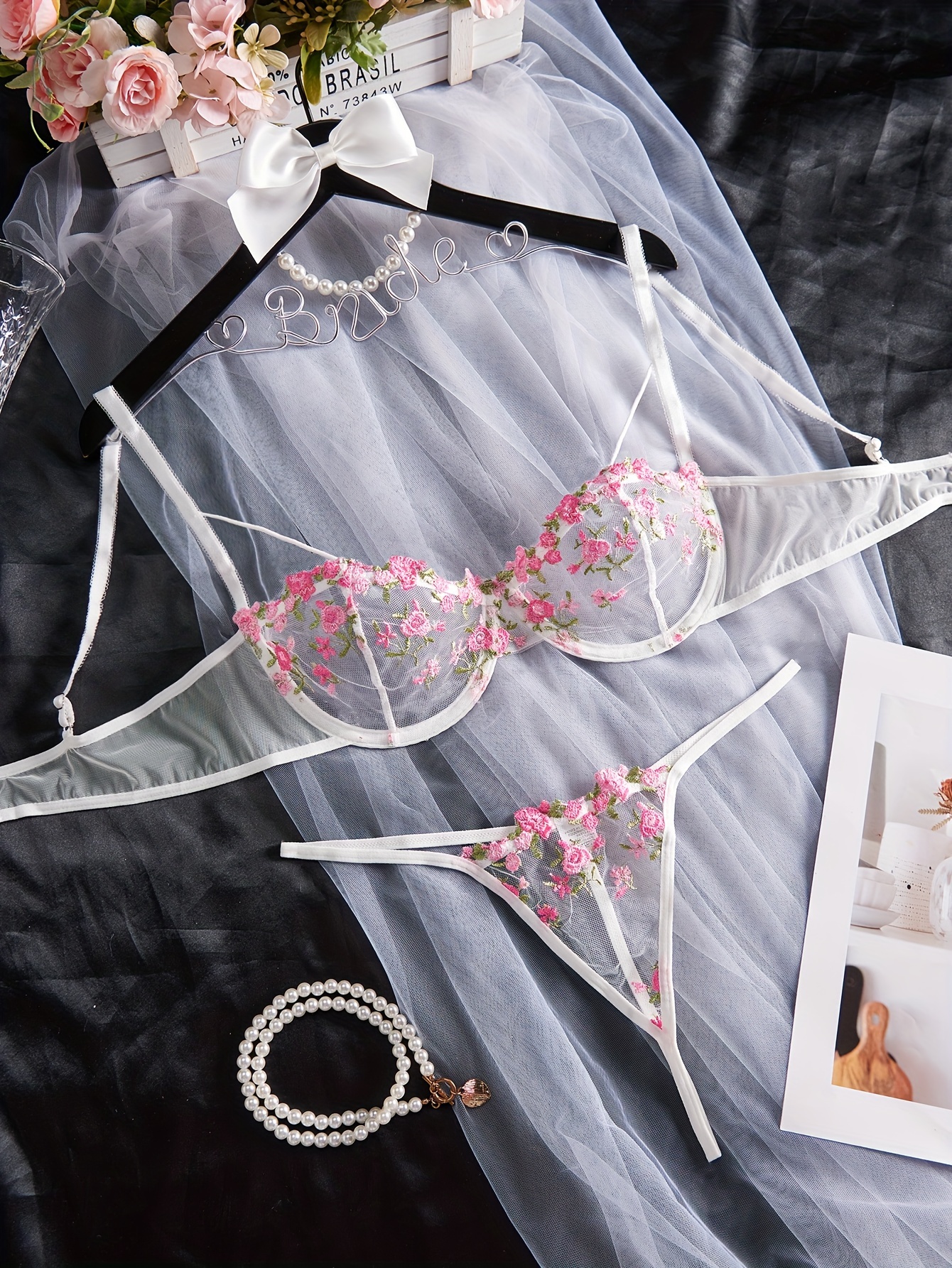 Floral Lace Lingerie Set, Semi Sheer Intimates Bra & Thongs, Women's Sexy  Lingerie & Underwear