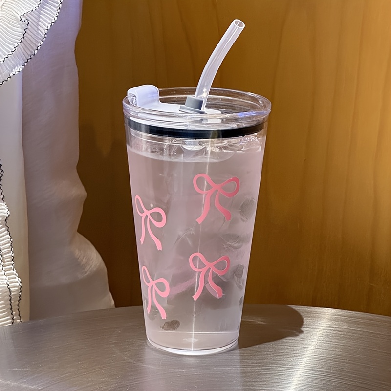 1pc,cute Pink Bow Reusable Plastic Tea Cup With Lid And Straw, Bottle For Men And ,office&school& Birthday&party