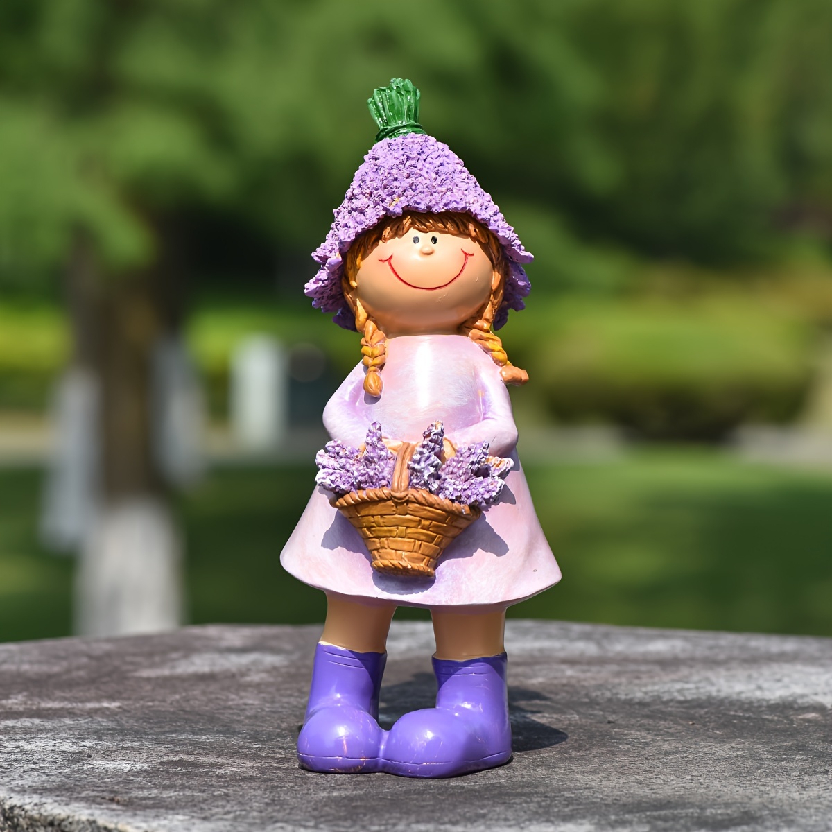 Image of 1pc Lavender Series Resin Garden Figurines - Rustic Outdoor Decor For Valentine's Day, Featuring With Flowers, Patio & Yard Display, Flower Decorations