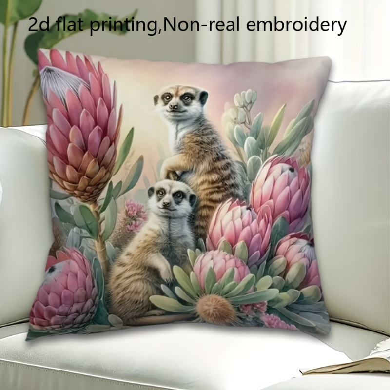 TEMU 2d Flat - 1pc Of Polyester Short Plush Pillowcase Featuring A Single-sided Print Of Meerkats And Pink Flowers, Measuring 18x18 Inches. Ideal For