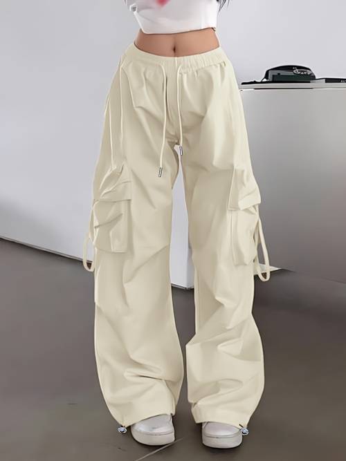spring summer trendy y2k cargo pants loose fit elastic waistband large pockets tie string accents