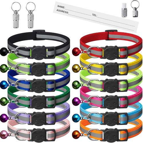 12 pack reflective breakaway cat collars with bells safety kitten collar with name tag adjustable ideal for girl cats male cats pet supplies accessories 12 colors 2 id tags