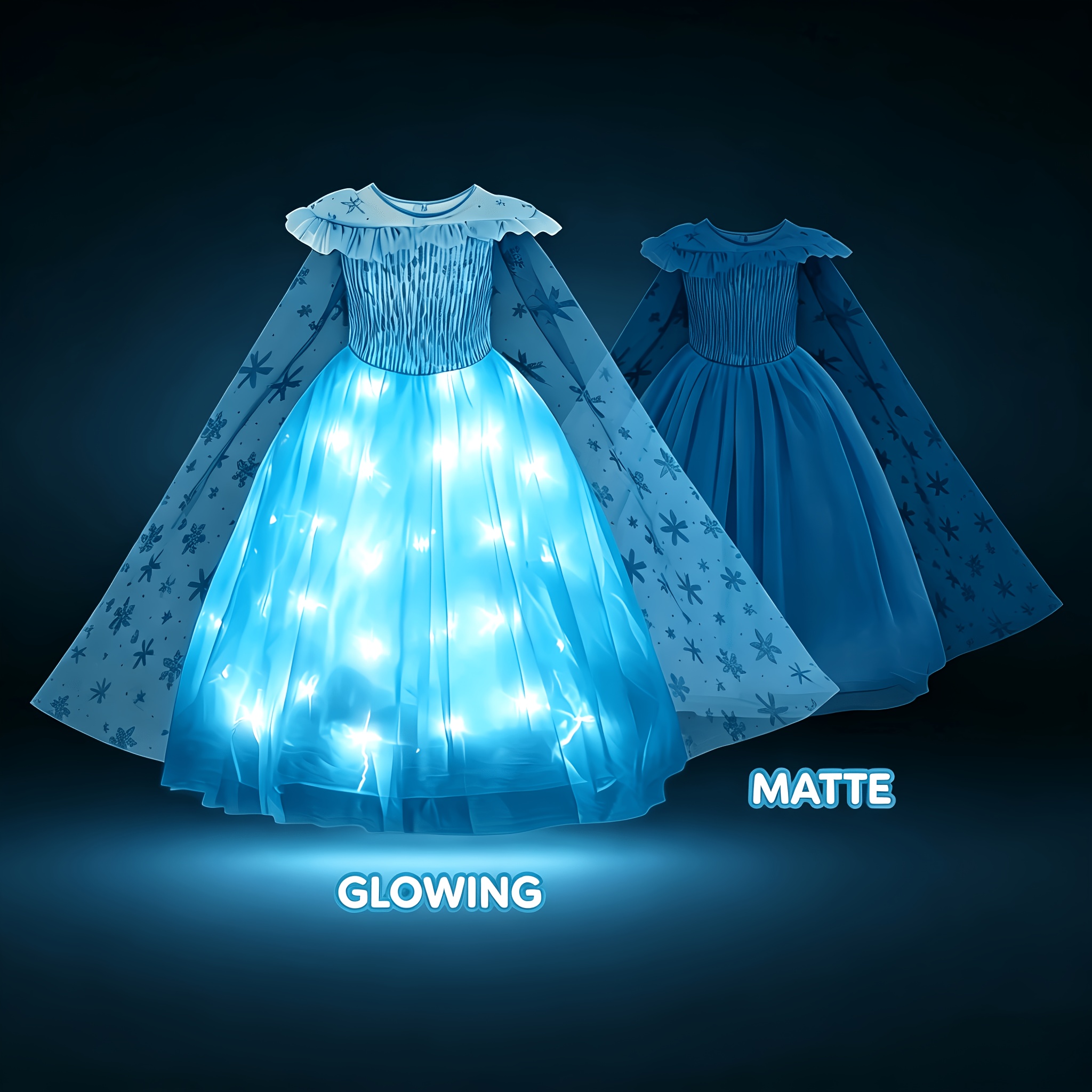 Image of Girls' Led Light-up Blue Princess Dress With Cape, Sparkly Sequin Birthday Dress And Pageant Party Costume For Halloween, Christmas, Back To School Cosplay