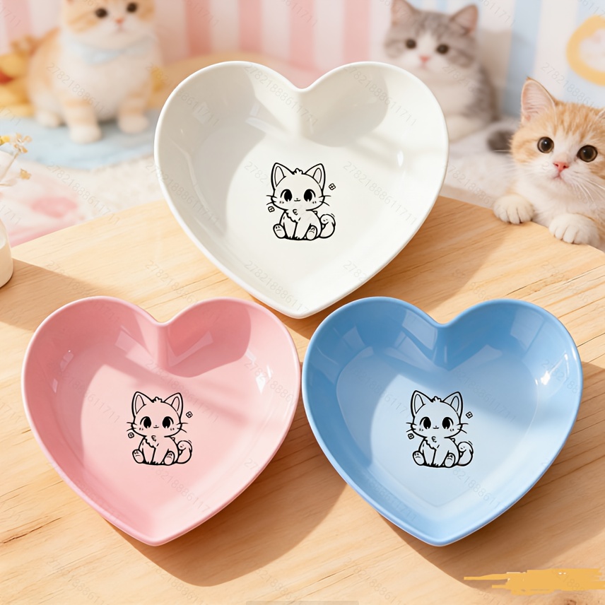3pcs Heart-shaped Cat Bowl Set, Stackable, Easy To Clean, Easy To Store, Convenient To Use, Featuring Adorable Kitten Patterns, Providing A Safe And Eating Experience For Your Pet