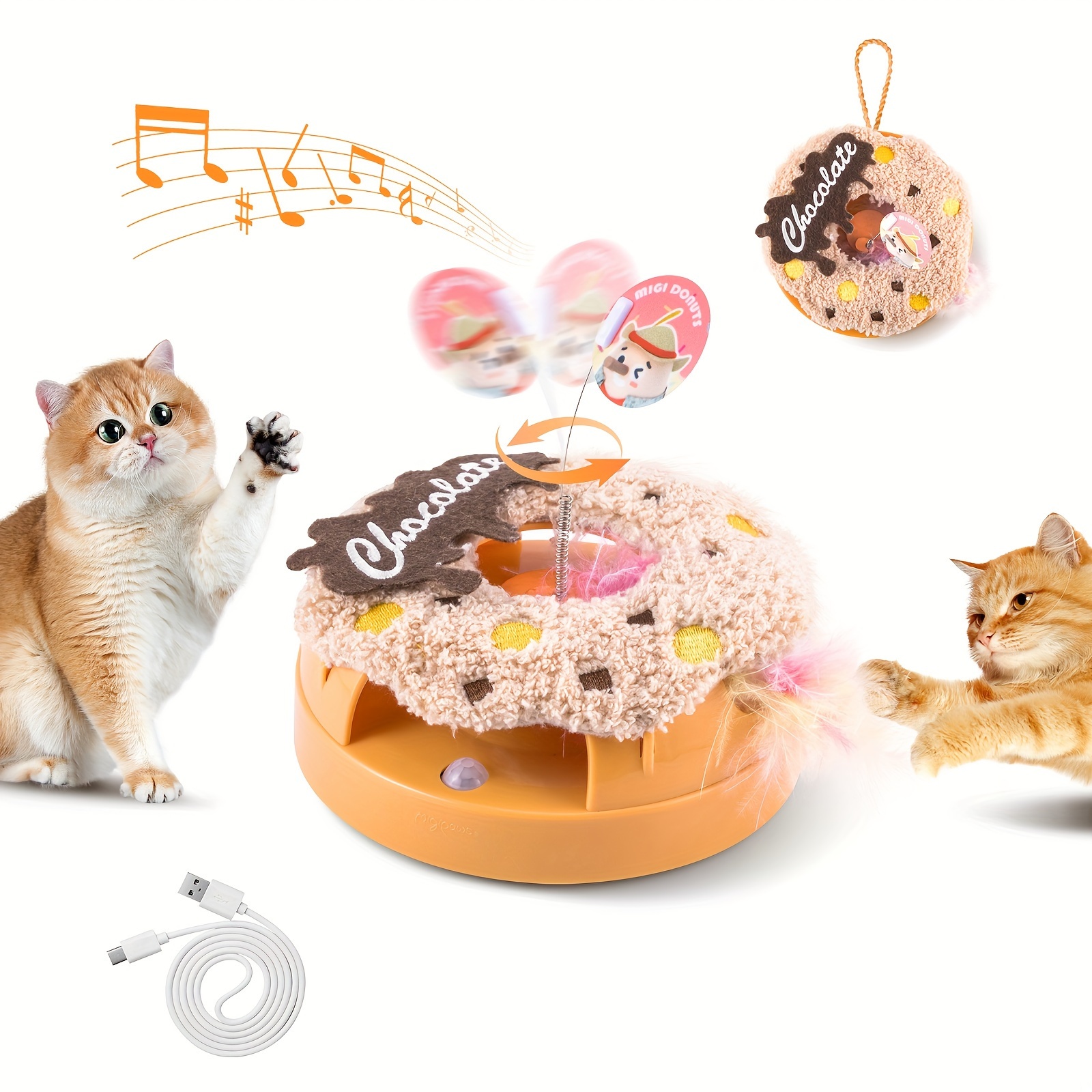 TEMU Automatic Donut-shaped Cat Toy With Moving Feathers, And Squeaking Sounds, Designed For Indoor Cats And Rechargeable (chocolate Color)