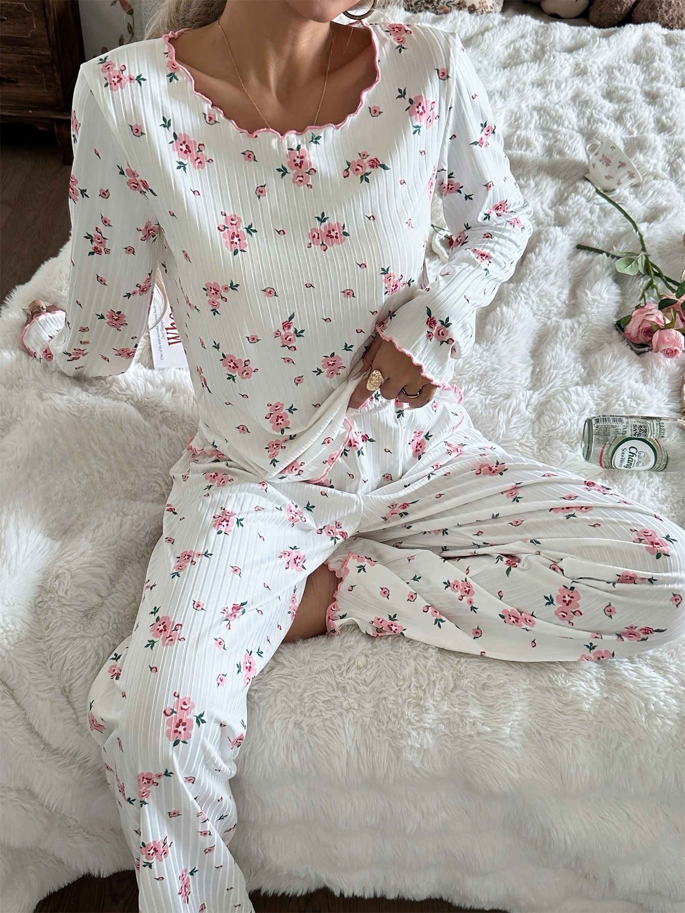 womens cute polka dot floral lace trim long sleeve top and pants   pajamas set sleepwear womens clothing 2pcs set autumn and winter clothing