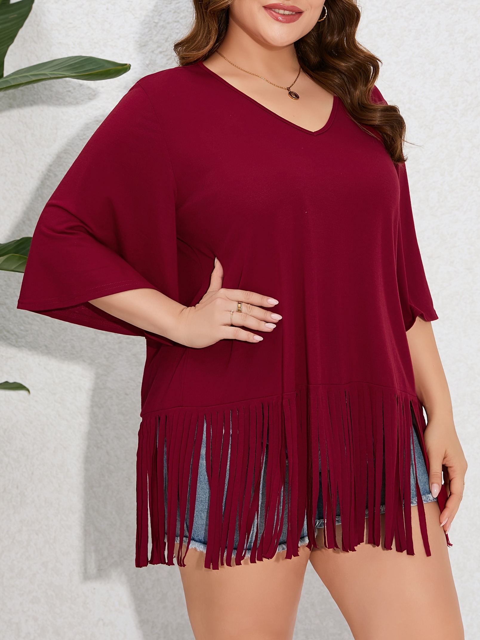 【関税・送料込】(3 colors) Oversized fringe hem t-shirts womens plus size fringe hem short sleeve v neck t shirt - Temu