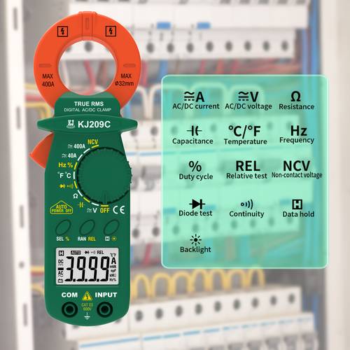kj209cac 400a clamp meter with ncv voltage detector function ac voltage measurement temperature frequency circuit continuity diode testing frequency duty cycle measurement