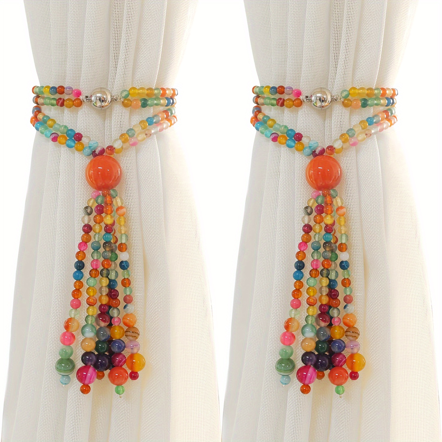 

Bohemian Vintage-style Curtain Tiebacks With Colorful Beaded Tassels And Strong Magnetic – Set Of 2, Decorative Holdbacks For Home And Office Decor