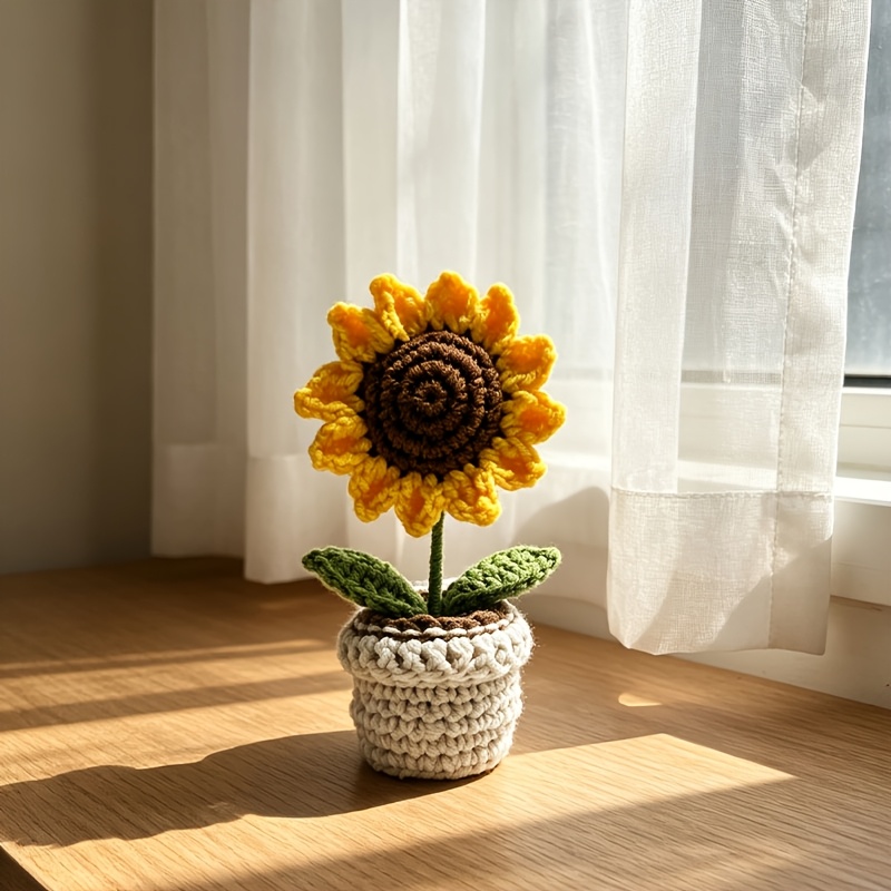 TEMU 1 pz Mini Pianta in Vaso Lavorato a , del Testa di Fiori Regolabile, Mini in Filato, Ornamento da Tavolo a Maglia a , Decorazione per Console