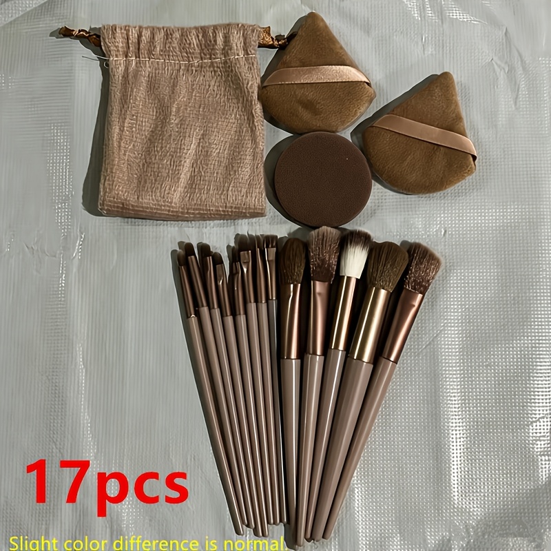 TEMU Set Of 17 Makeup Brushes (including 13 Brown Brushes + 2 Triangular + 1 Round Puff + 1 Storage Pouch), Covering The Entire Process Of Base