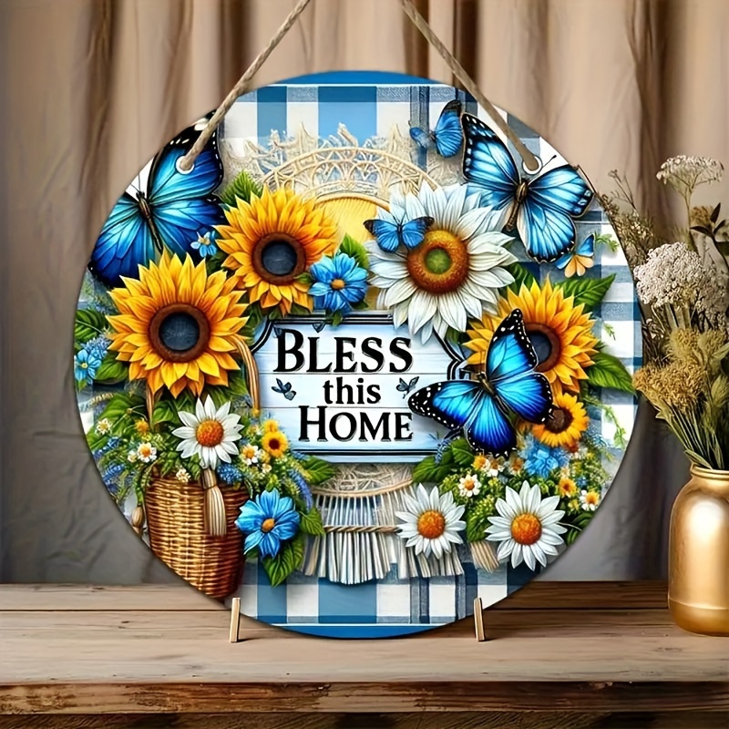 

This Home" Round Wooden Wreath Sign - Spring And Summer Decoration With Sunflower, Daisy, And Designs - Very Suitable For Hanging On Doors Or Walls