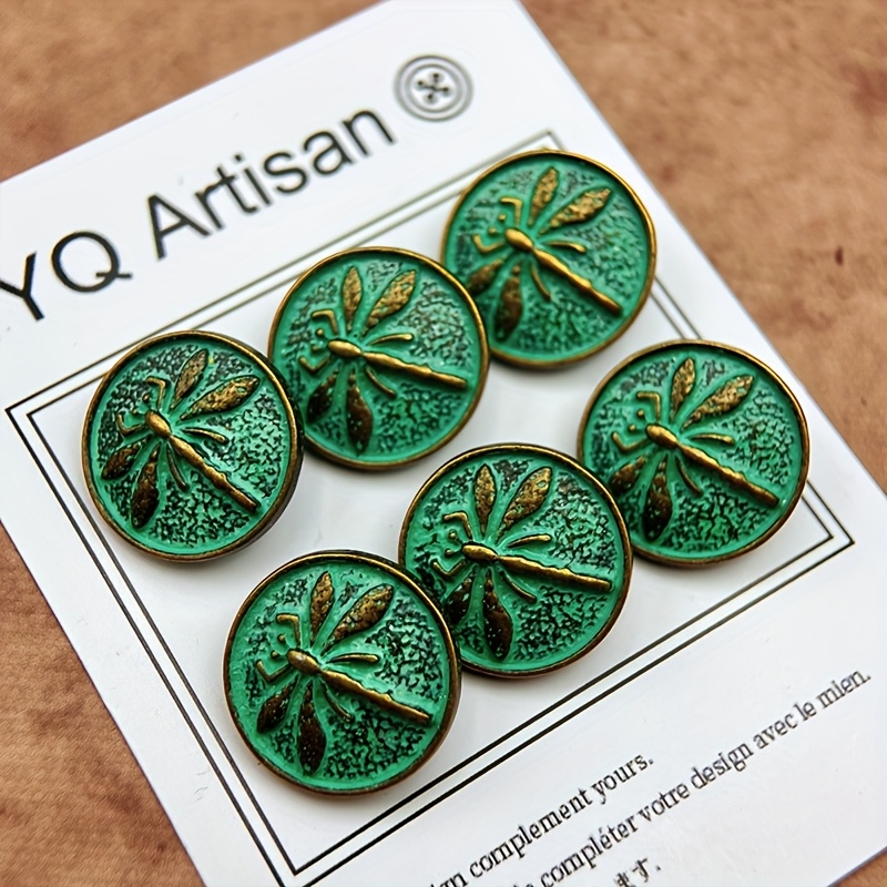 Image of 6pcs Of Vintage Metal Buttons, 17mm, Green , Dragonfly Pattern, Engraved Decoration, Perfect For Sewing, Clothing