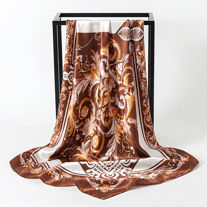 TEMU Women's Vintage Baroque Floral Print Satin Scarf - Elegant Y-neck Square Headscarf Suitable For Festivals & Daily Wear, Brown & White Wrap, Soft