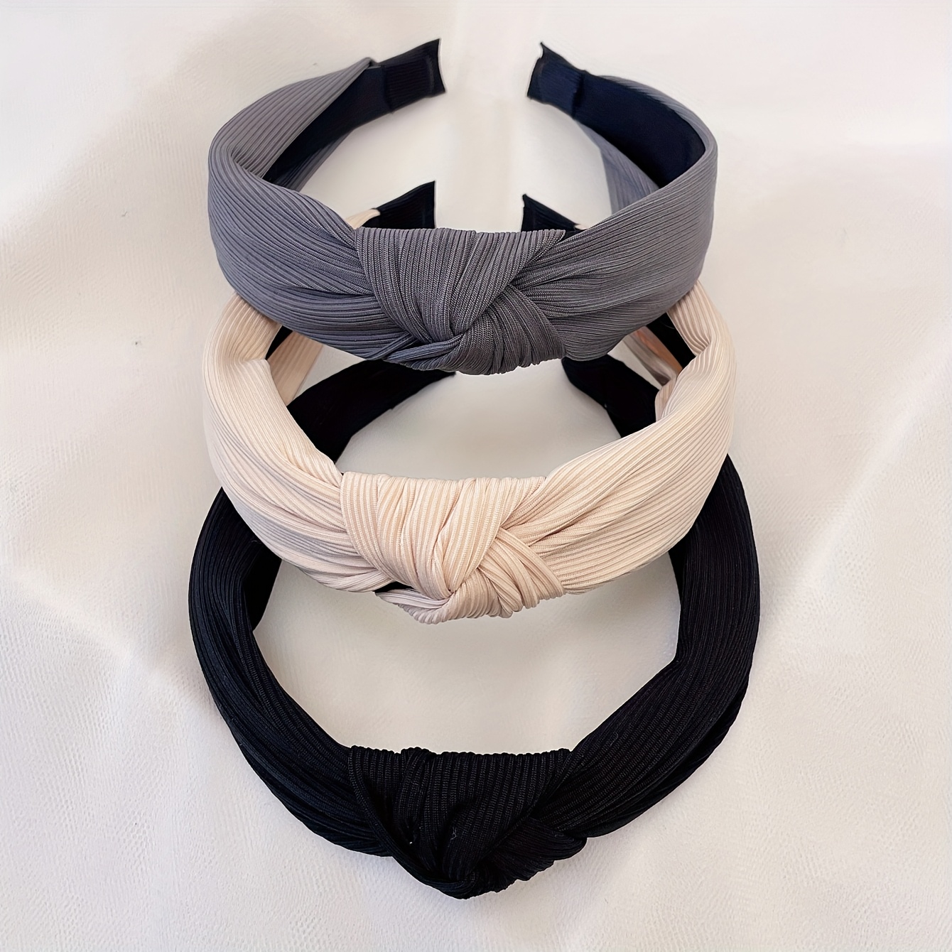 

3-piece Minimalist Fabric Headbands Set - Solid Color, Striped Tie Detail, Dress Up Hairbands - Ideal For , Birthdays - No Feathers (set Of 3)