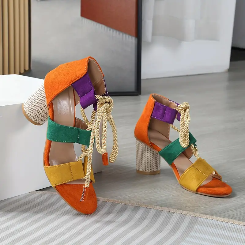 womens colorblock stylish sandals lace out versatile chunky heels breathable summer shoes details 0
