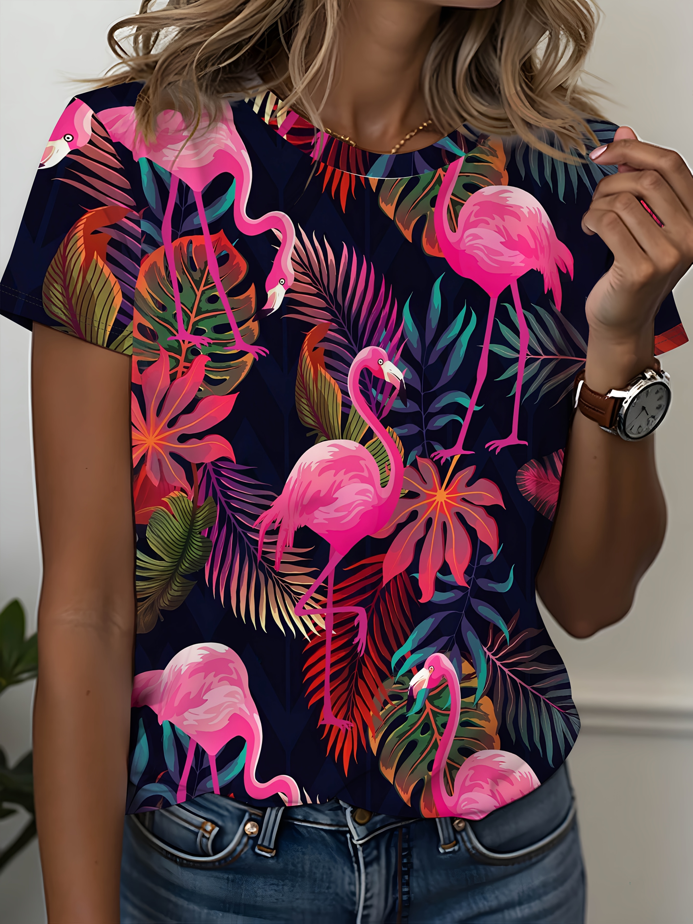 flamingo print round neck short sleeves summer casual womens clothing flamingo tropical plant print short sleeves for vacation and   catching casual clothing