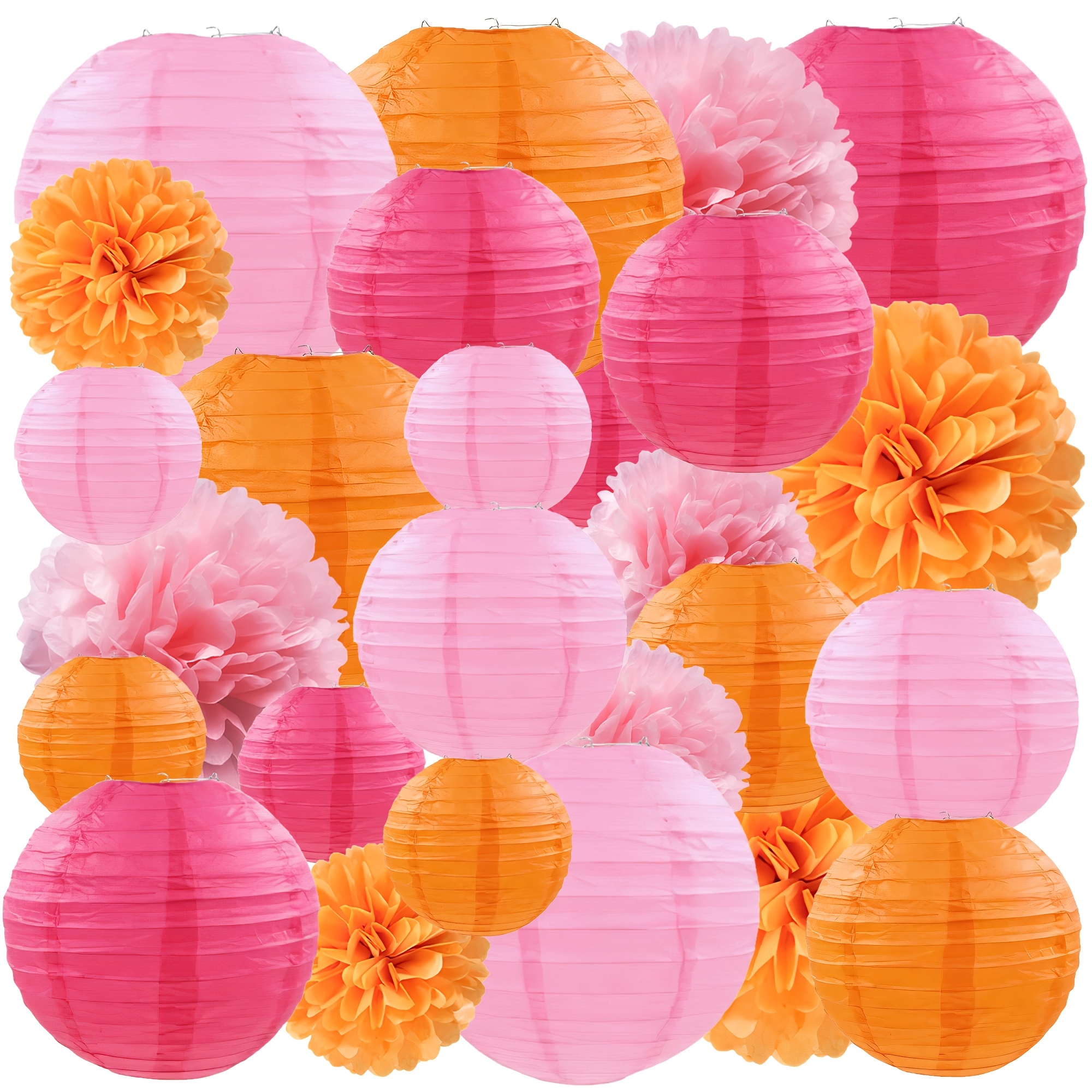 Image of 26pcs Paper Lantern Decorations, Round Paper Lantern Hangings, Tissue Pom Poms, Paper Flower Balls, Chinese Lanterns For Wedding Birthday Home Classroom Party Decor - Decorative Hanging Ornaments