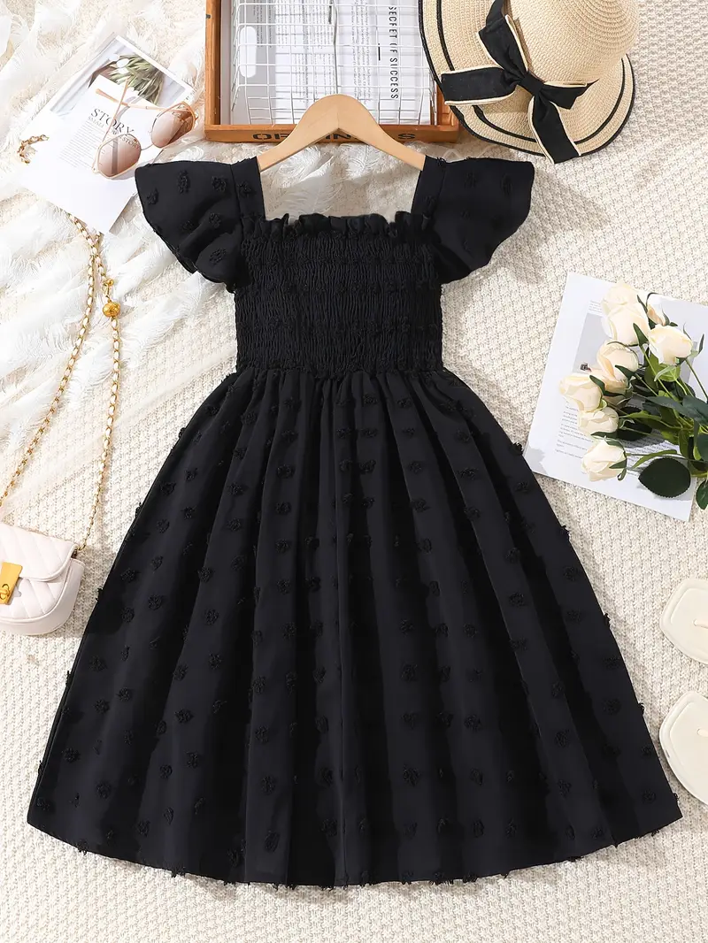 Girls' 2025 Summer Dress - Elegant Black Smocked Waist * with * Short Sleeves, Lightweight Breathable Fabric, Machine Washable for Casual & Formal Occasions, Dress for Girls, Quality Children's Wear Girls' 2025 Summer Dress - Elegant Black Smocked Waist * with * Short Sleeves, Lightweight Breathable Fabric, Machine Washable for Casual & Formal Occasions, Dress for Girls, Quality Children's Wear