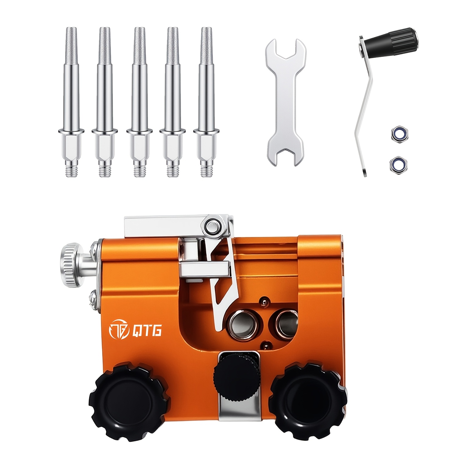 TEMU 1 Set QTG Affûteuse de tronçonneuse portable - avec 5 tiges de meulage, Kit d'affûtage de tronçonneuse, Outil d'affûtage de tronçonneuse rapide,