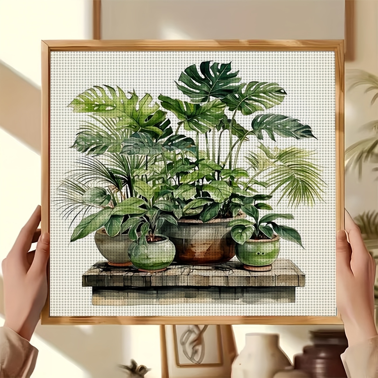 TEMU 1pc Printed Cross Stitch Kit | "four Potted Plants " Pattern, Ideal For Beginners, Includes Canvas, Thread, Pattern, And Instructions, Home And