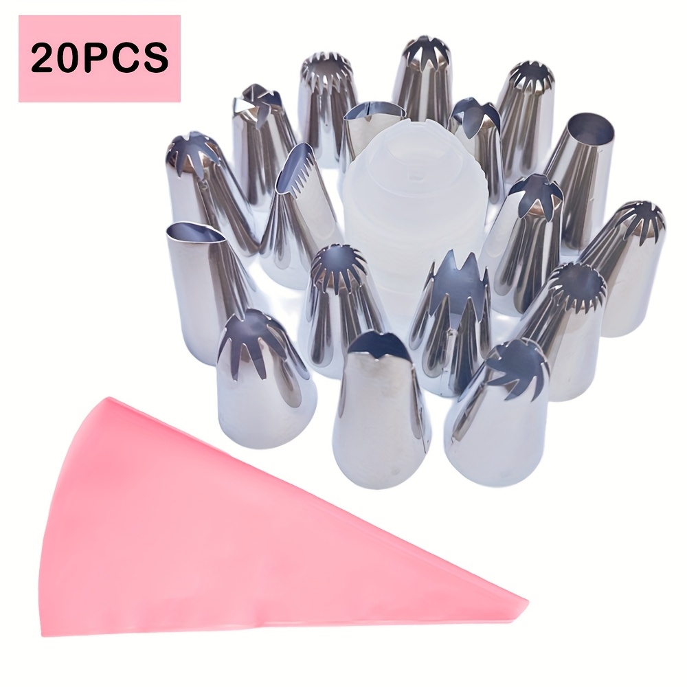 20pcs Cake Decorating Tools, Including 18pcs 0.8-inch Medium Size Piping Nozzles, 1pc 12-inch Piping Bag, 1pc Connector And Other Decorating Tools, Suitable For Home Baking, Butter Cream Frosting