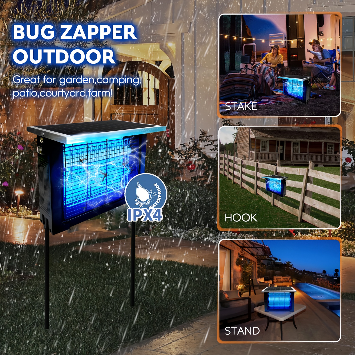 Powerful Large Solar Bug Zapper Outdoor for 2000Sq.ft, Poartable Rechargeable Mosquito Zapper with High Powered, Cordless Solar Fly Zapper for Patio Garden Backyard RV Camping Pond Pest Control