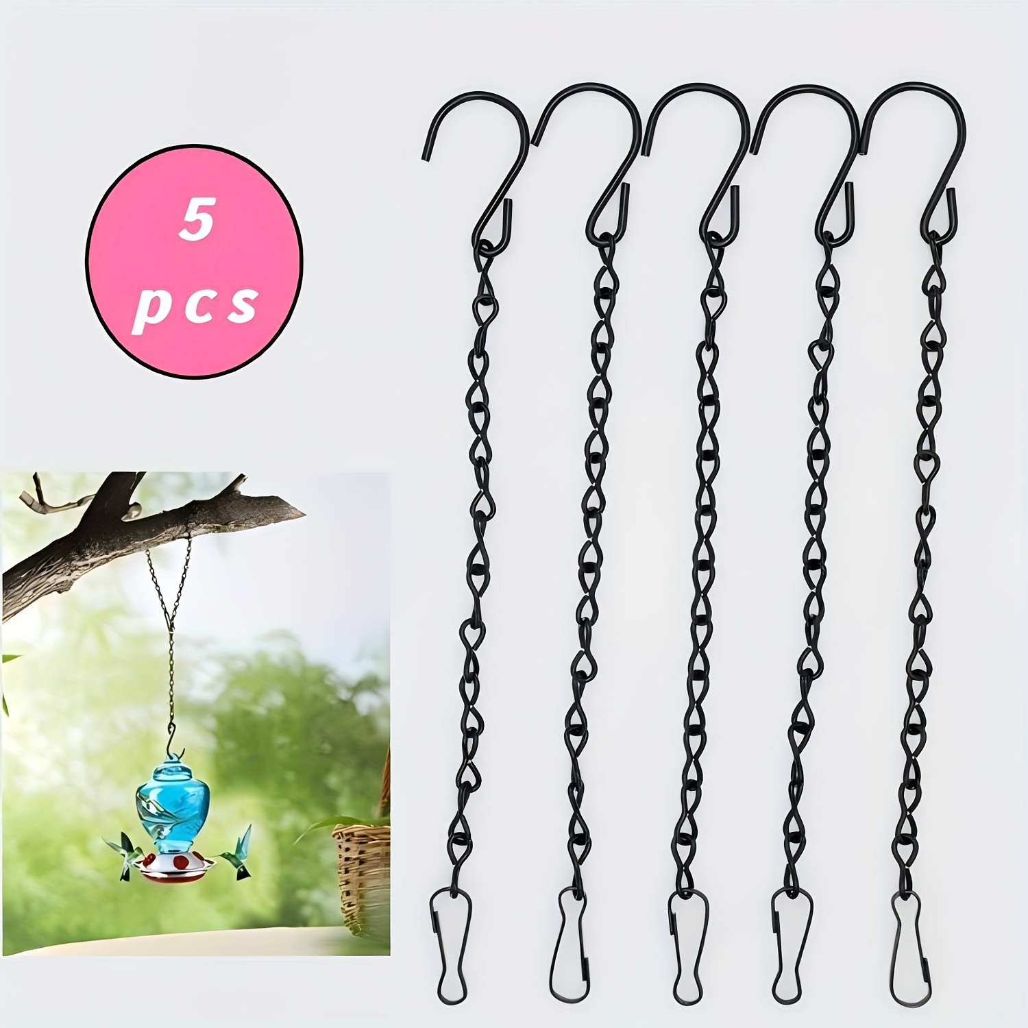 E-shop Set mit 5 Hängeketten, geeignet für Vogelfutterhäuschen, Blumentöpfe, Laternen und Dekorationen (Schwarz, 9,5 Zoll)