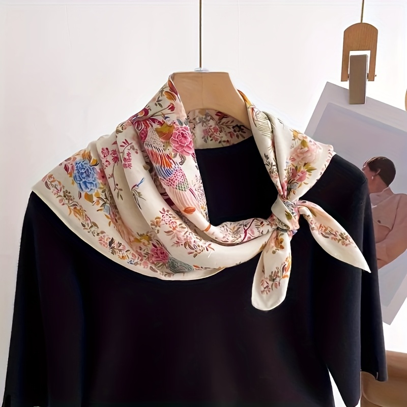 E-shop 27 Zoll Elegantes Blumenmuster Klebe-Square Scarf für Damen, Weich und Atmungsaktiv, Warmer Hals Schal, Tuch Kopftuch, Lässiger