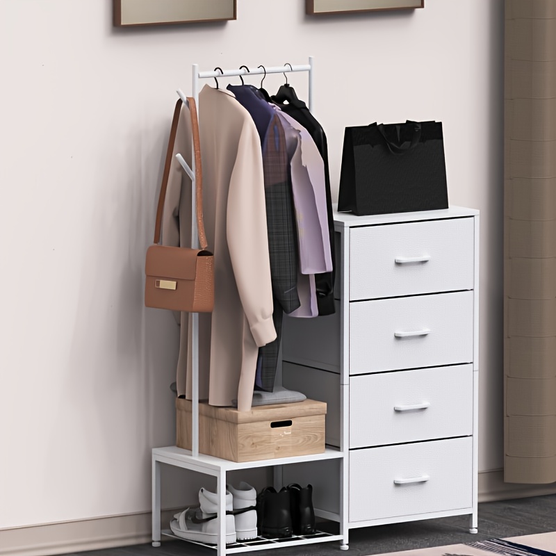 Image of 3-in-1 Chest Of Drawers For Bedroom, Including 4 Fabric Drawers, With Sturdy Clothes Rail And 2 Coat Hooks, Double-layer Shoe Rack Design At , Suitable For Bedroom And Entryway, White