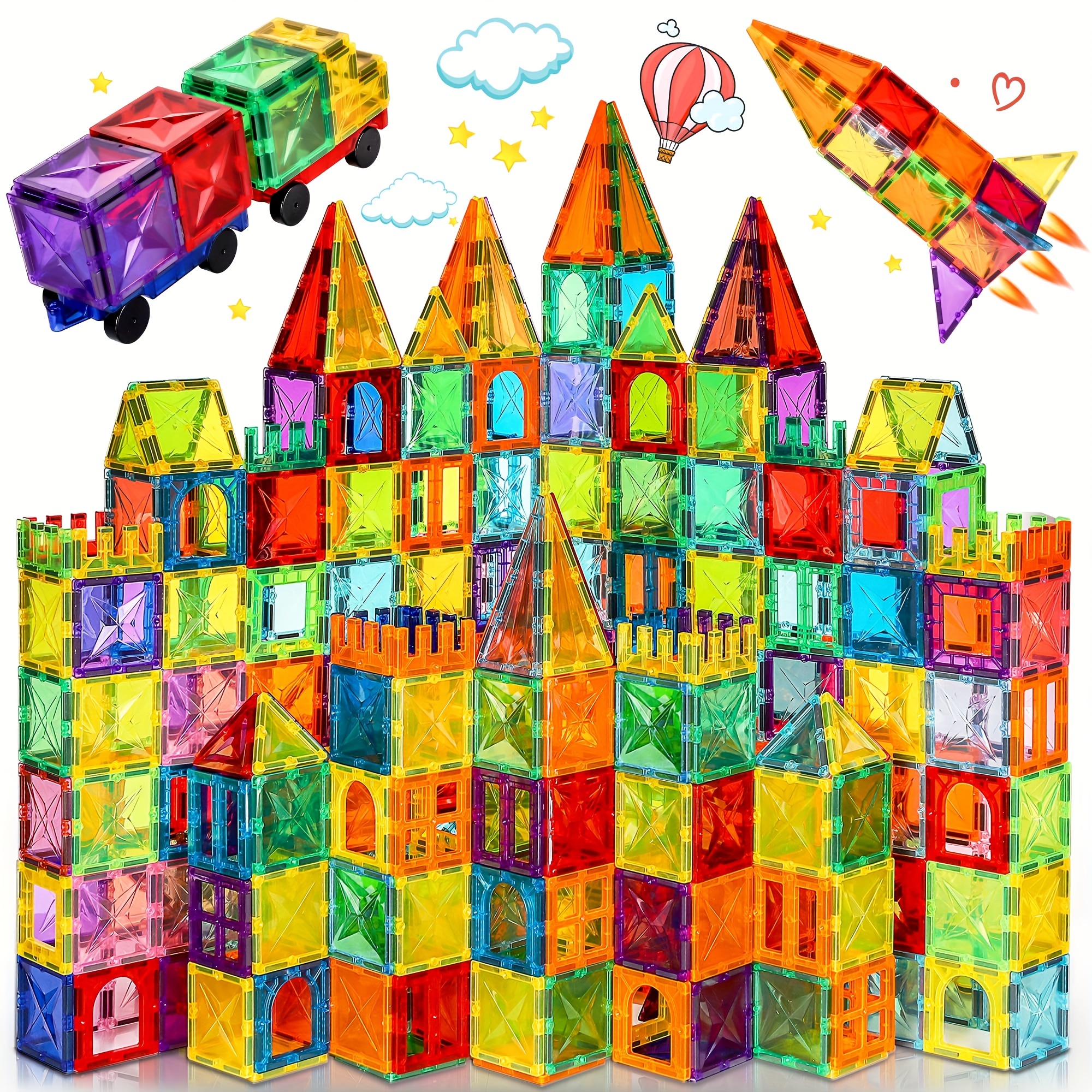 

120/102/80pcs Deluxe Magnetic Tiles With 2 Cars Toy Set, 3d Diamond Magnet Tiles Building Blocks, Toys For 3 - 8 Years, Stem Preschool Kids Sensory Educational For Boys Girls