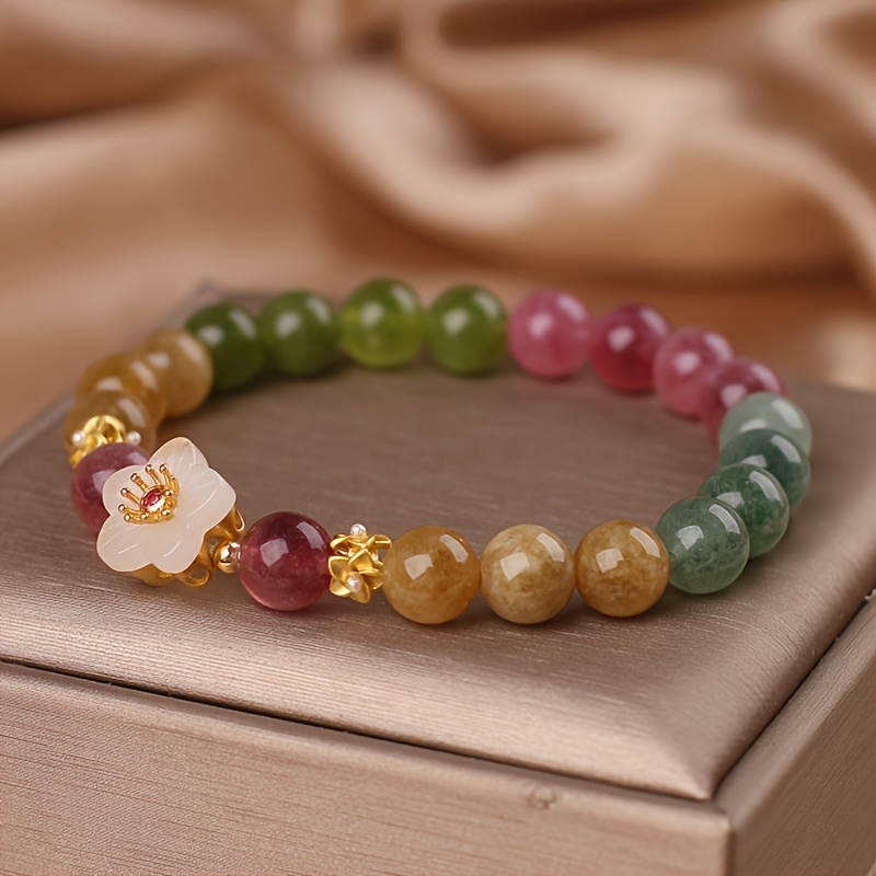 TEMU 1pc Elegant Multicolor Stone Beaded Bracelet With Lotus Flower Charm, Golden- Accent, 17.5cm Length, Perfect For Daily Wear & Parties, Women’s Fashion Jewelry