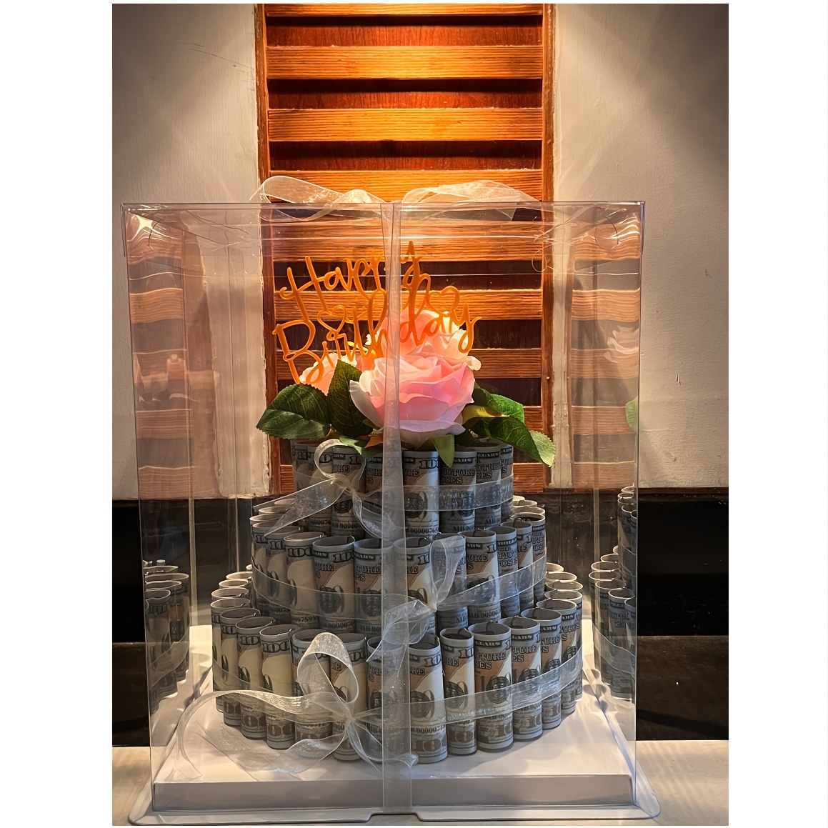 DIY 3-Tier Cash Cake Gift Box/Transparent Plastic with Golden Ribbon & Floral Design/Fun Birthday Present for Her/Includes Gift Tag/Perfect for Special Occasions/Birthday Gift Box/Celebration Accessory/Elegant Presentation/Decorative Ribbon Accent