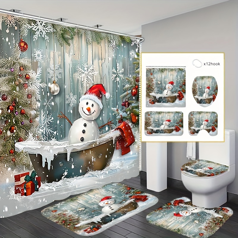 

Christmas Snowman Print Shower Curtain Set With 12 Hooks, Waterproof Polyester Bath Set With Non-slip Rugs, Toilet Lid Cover And U-shaped Mat, All-season Festive Bathroom Decor, 4 Piece
