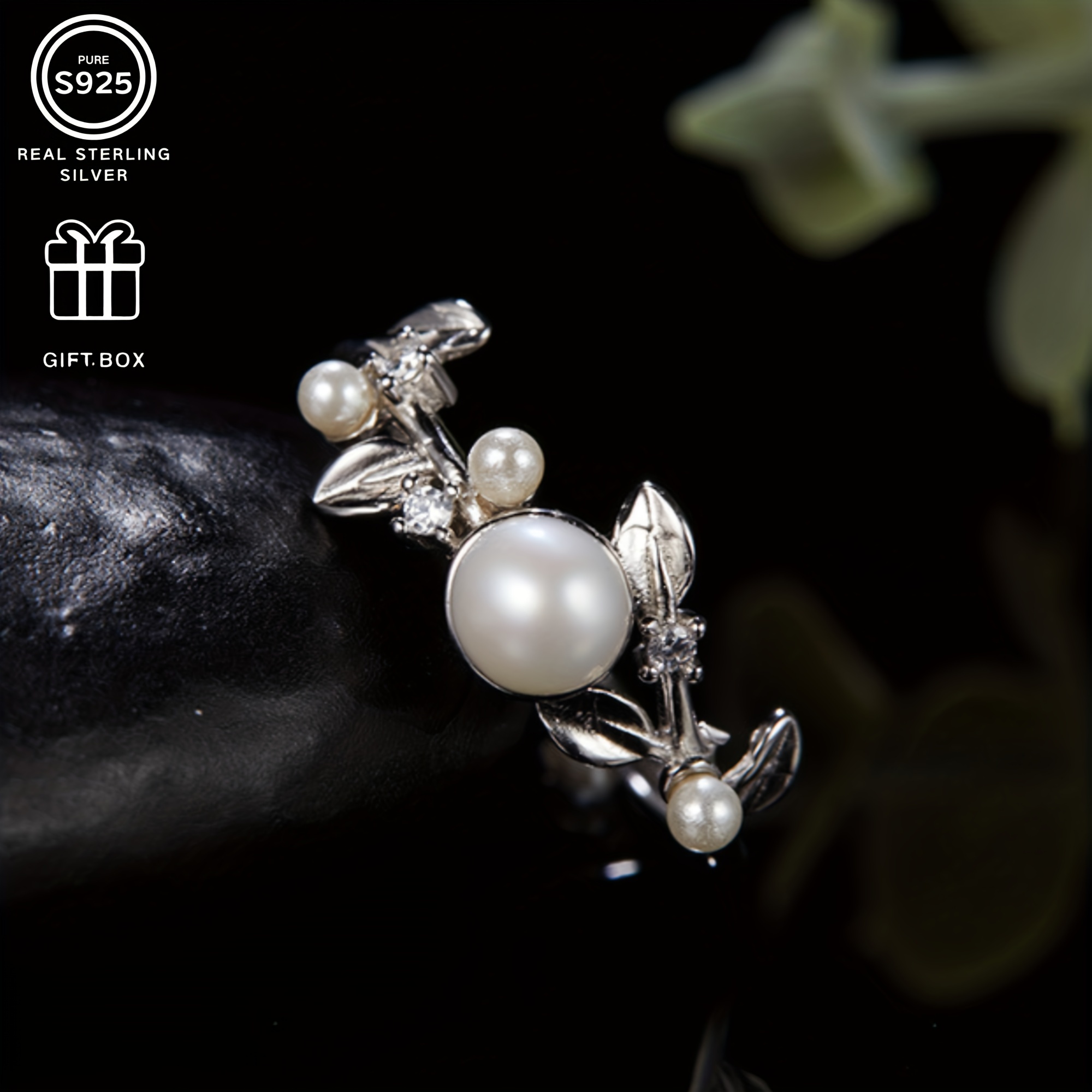 Adjustable S925 Silver Ring with Freshwater Pearl & Grape Leaf