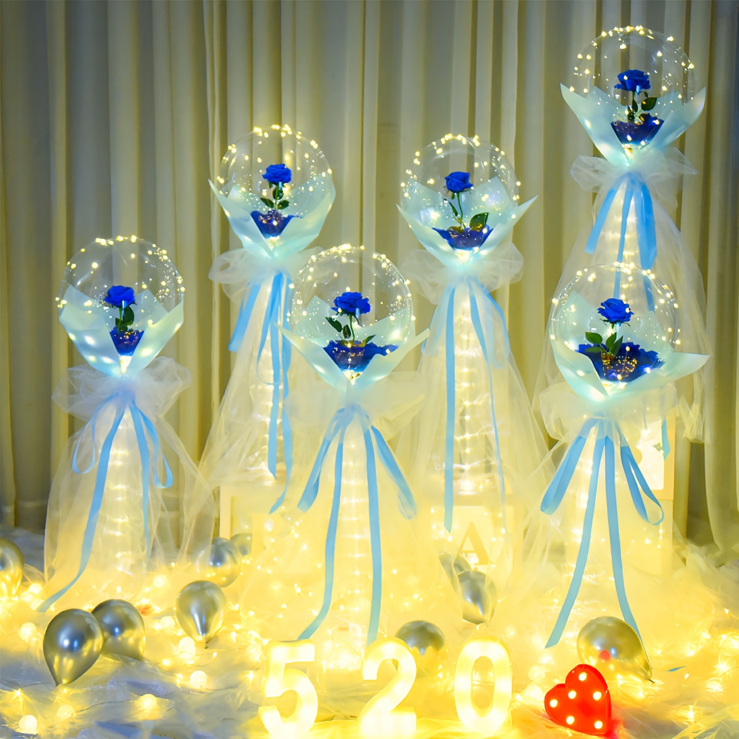 

2pcs Led String Lights Glow Transparent Balloons With Blue Rose For Birthday Wedding Valentine's Day Anniversary