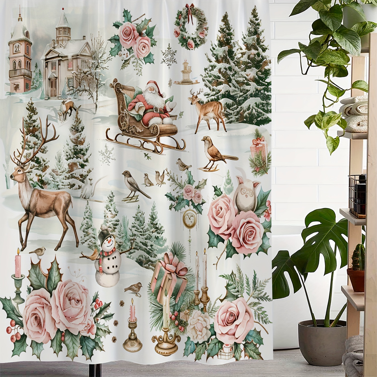 

Vintage Winter Wonderland Castle Reindeer Floral Wreath Print Waterproof Polyester Shower Curtain With 12 Hooks, Machine Washable, Water-resistant, Woven Arts-themed Bathroom Decor