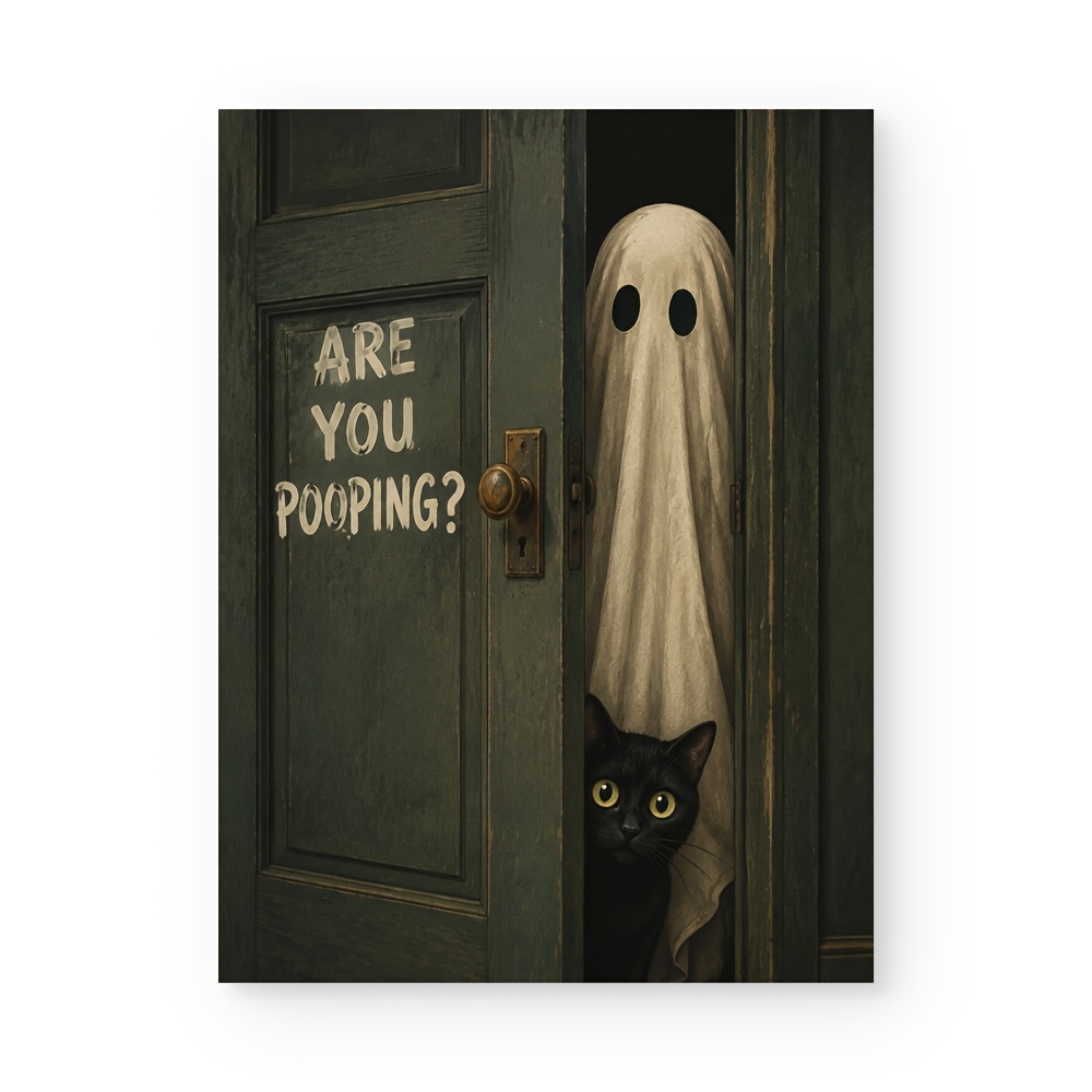 TEMU 2D Flach, Poster und Drucke Vintage Used-Look Holztür Leinwand Wandkunst Lustige Halloween Schwarze Katze Spionierend Badezimmer Druck Text Bist