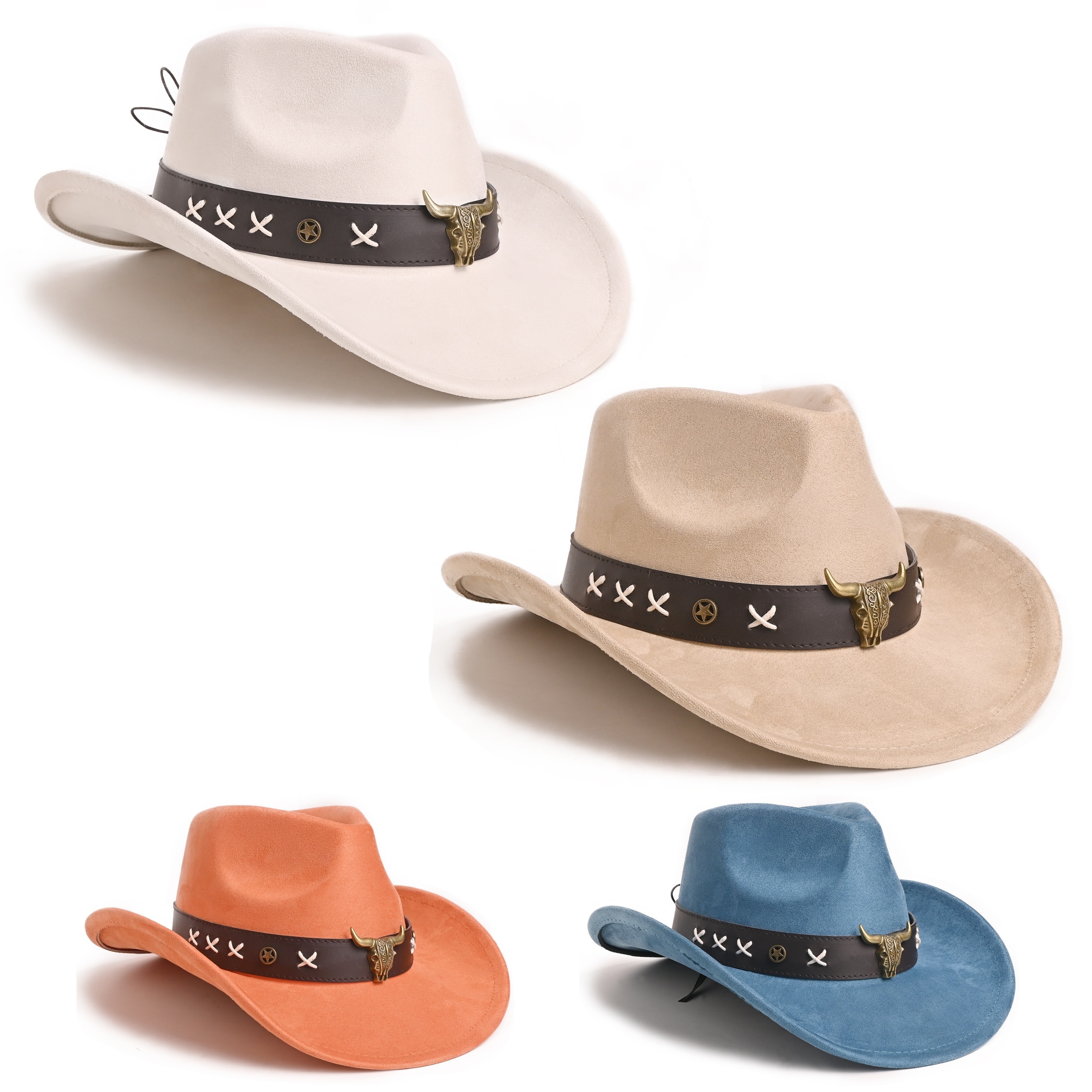 

Vintage Solid Color Cowboy Hats Classic Western Fedoras For Women Men Outdoor Activities Metal Pattern Simple Belt Decorative