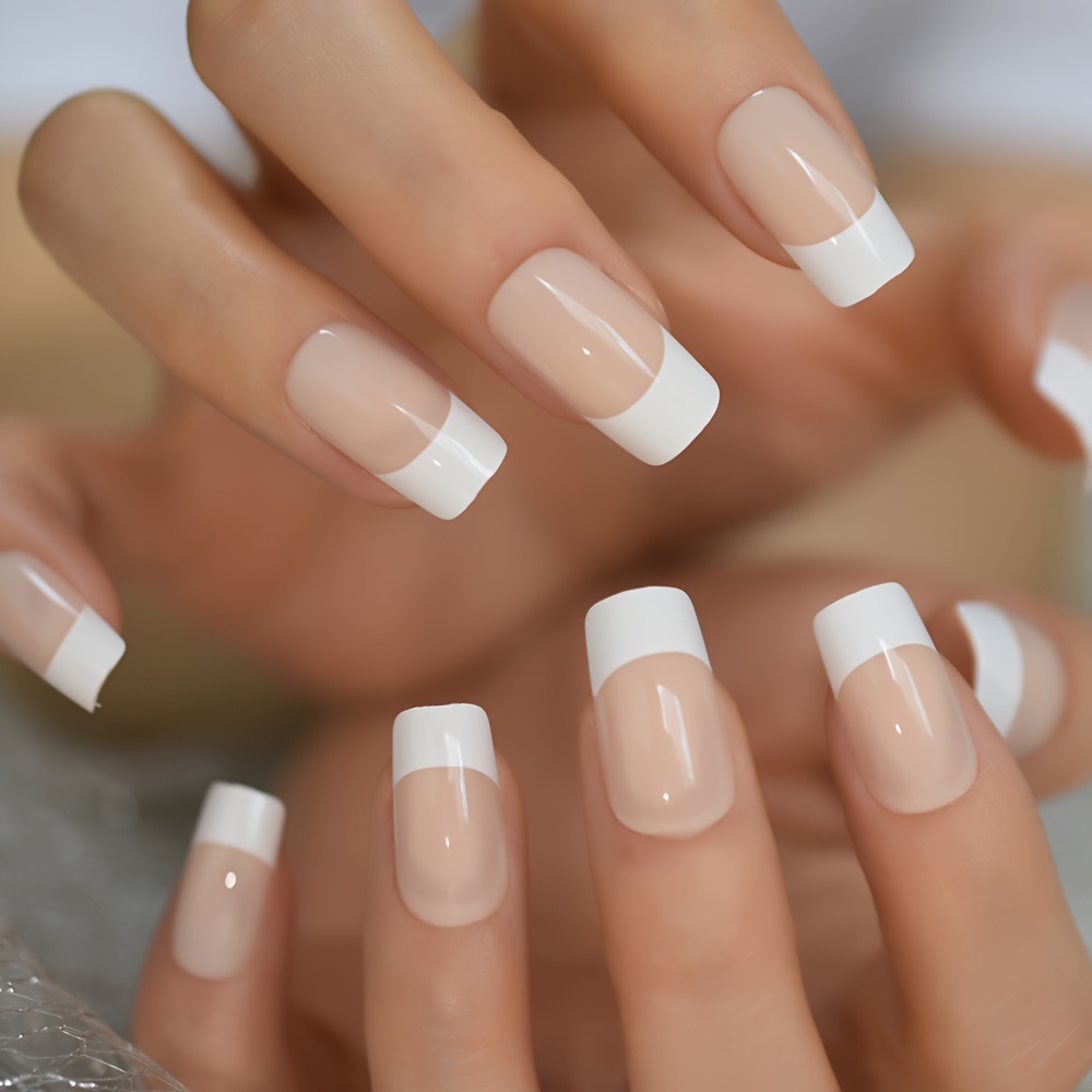 

White French Fake Nails Nude Press On Nails Medium Square False Nails Simple Acrylic Nails For Women And Girls