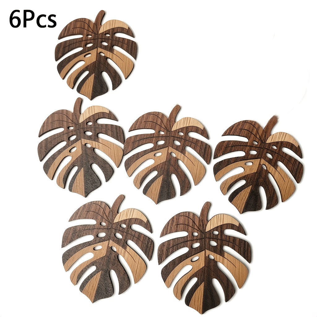 TEMU 6pcs Wood Monstera Leaf Coasters Suitable For Coffee Tables, Wood Rustic Modern Table Protectors With Monstera Leaf, Decorative Cup Holders,