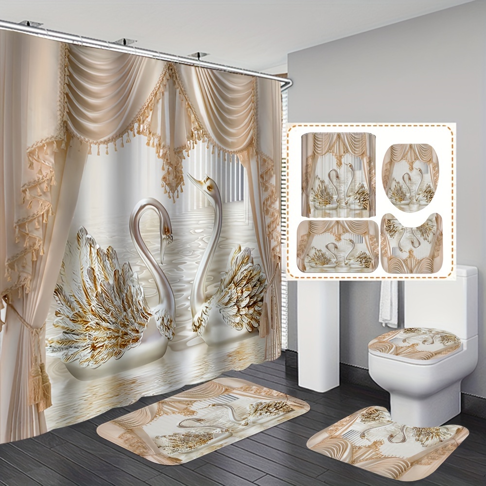 

4pcs Luxury Swan Print Shower Curtain And Mats, Shower Curtain With 12 Hooks, Non-slip Bathroom Rug, Toilet Mat, Toilet Lid Cover Pad, Bathroom Decor, Shower Curtain Sets For Bathrooms