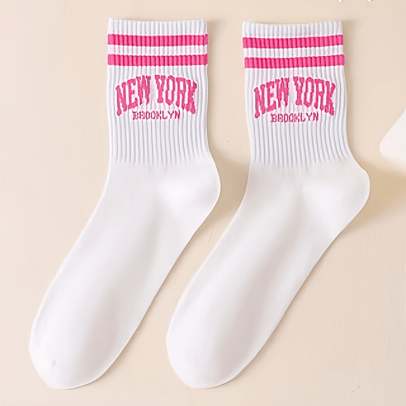 E-shop 1 Paar Damen Paarsocken mit zwei Streifen Buchstaben-Aufdruck – Weiche, wadenhohe, schweißabsorbierende Sportsocken, geeignet für Sport,