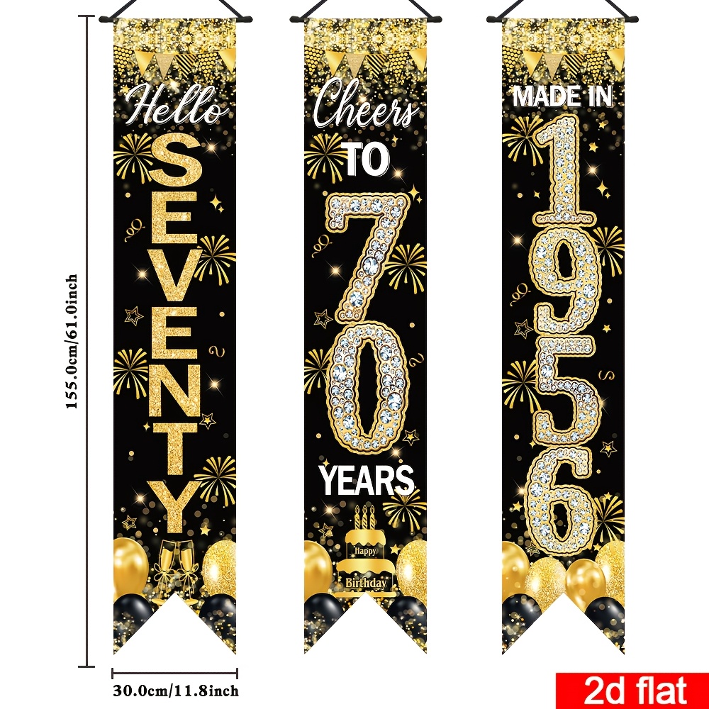 Image of 2d Flat Banner, 3pcs, Happy 70th Birthday Porch Sign Banner, Black And Golden Theme Party Banner, Polyester, Hanging Decorations For Home Wall Living Room, Yard, Garage Decor Supplies
