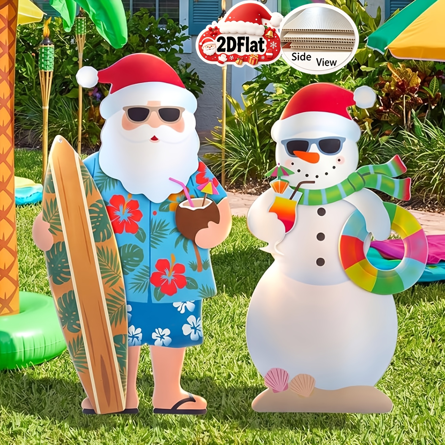 TEMU 2d Flat - 【2d Flat】 2d Flat - [2d Flat] [2d Flat] 2d Flat 2-set Christmas Yard Sign Beach Surfing Santa Snowman Tropical Christmas Outdoor Lawn