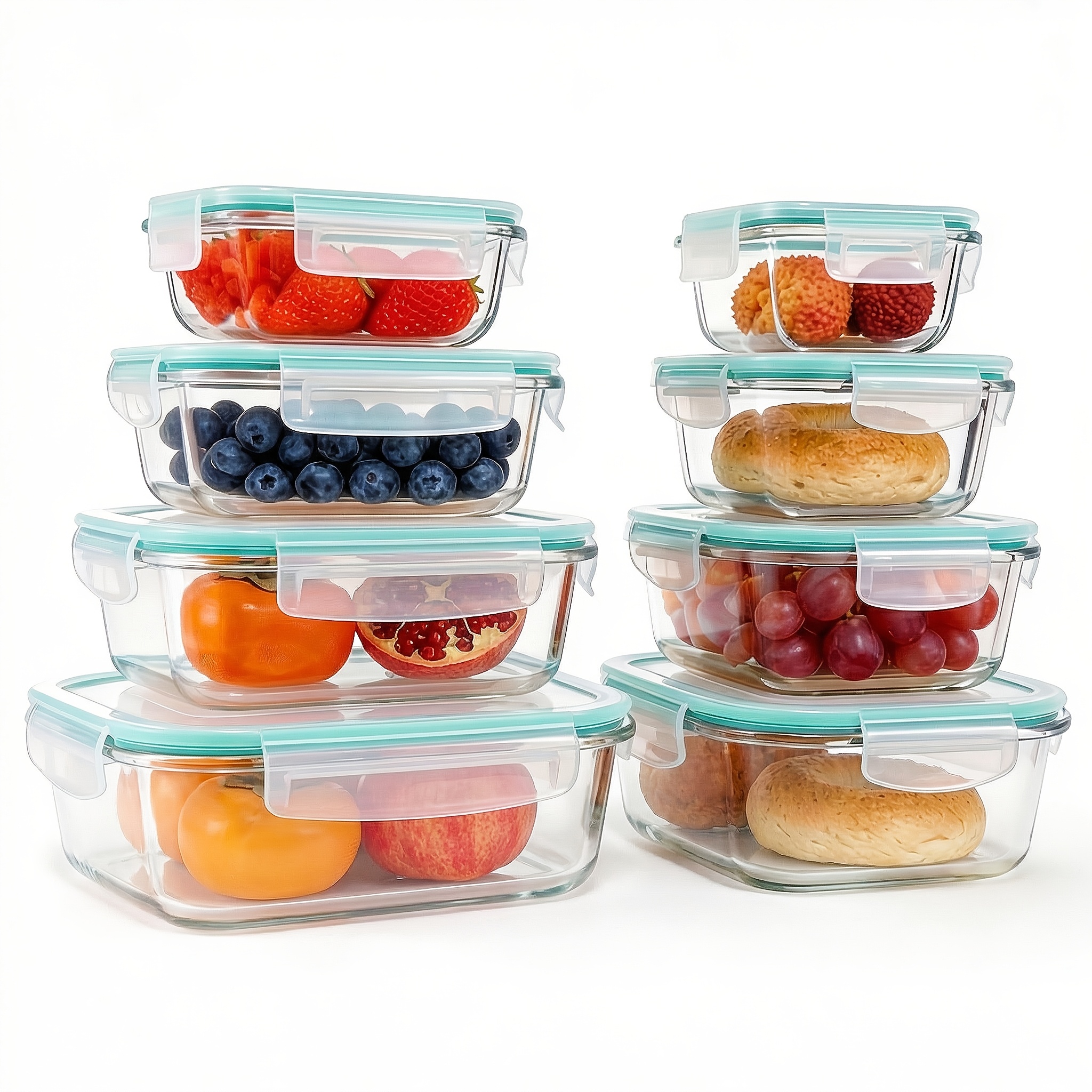 E-shop 16-teiliges Set luftdichter Glas-Lebensmittelaufbewahrungsbehälter, Lunchboxen, für Mikrowellen, Backöfen – für Salate, Obst, Gemüse Sandwiches,