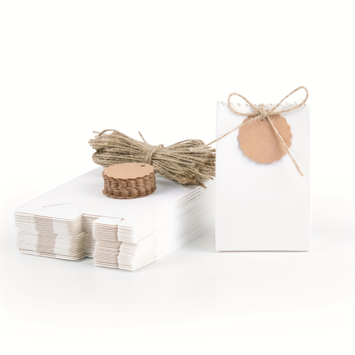 TEMU 10/25pcs Retro Paper Gift Boxes White & Brown Packaging Bags Diy With 10/25pcs Strings And Tags, Gift Supplies For Birthday, Wedding And Party