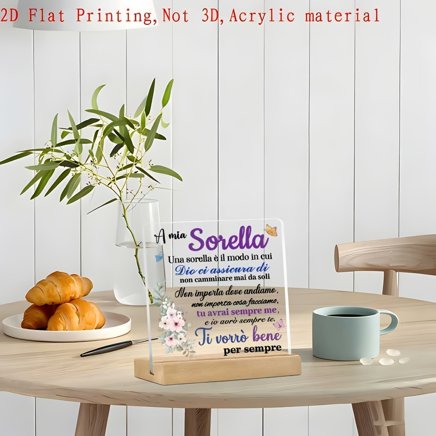 TEMU 2d Flat, Italian Sister-themed Desktop Decoration With Italian Handwritten Text & Watercolor Flowers - Suitable For For, Desk, - Peel-and-stick