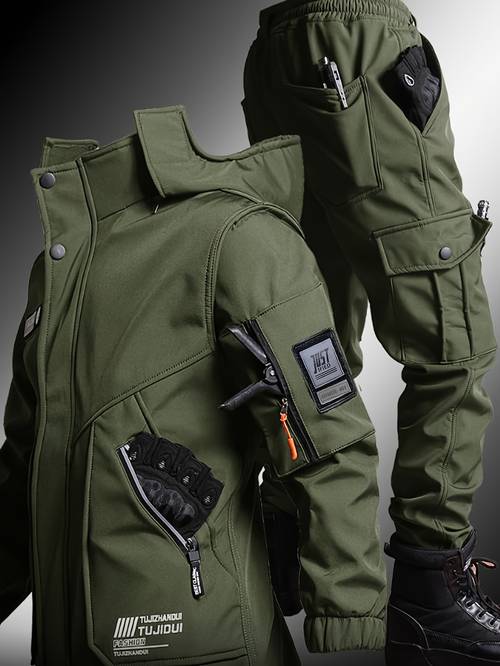 item picture mens thick fleece winter warm set workwear casual jacket with hooded zipper multi pocket jacket casual autumn winter mens jacket long pants fleece set warm outdoor hiking wear resistant